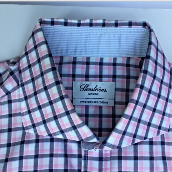 Stenstroms slimline  grey & pink checkered 2 fold cotton dress shirt Sz 16.5/42 - Picture 1 of 11